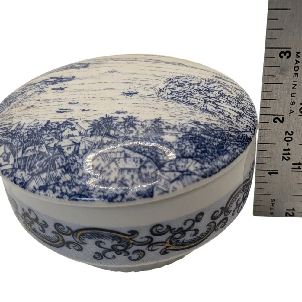 Vintage Altenkunstadt Trinket Box Granada Blue and White Ships and Scrolls Round